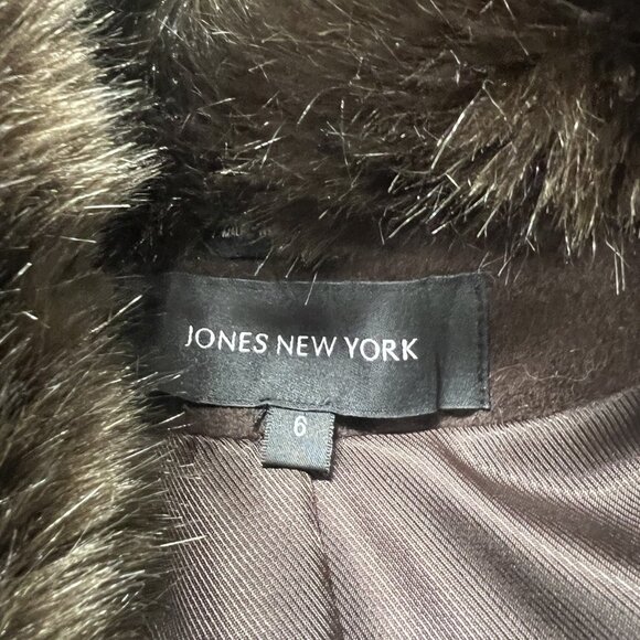 Vtg Women’s 6 Jones New York Brown Wool Blend Pea Coat Trench Faux Fur Collar - Picture 13 of 16